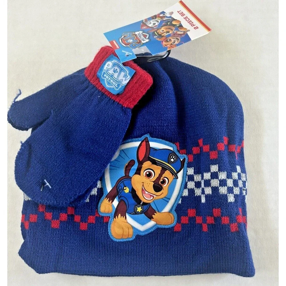 Paw Patrol Knit Hat Beanie &‎ Mitten Set Kids Nickelodeon New Blue Red BxW